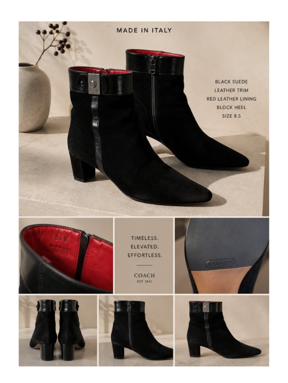 Coach Black Suede Ankle Boots 8.5 Block Heel Leather Trim Red Lined
